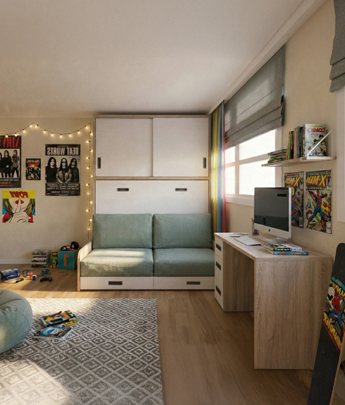 Cama Abatible Horizontal con Sofá y Armario de puertas correderas Ref N98000