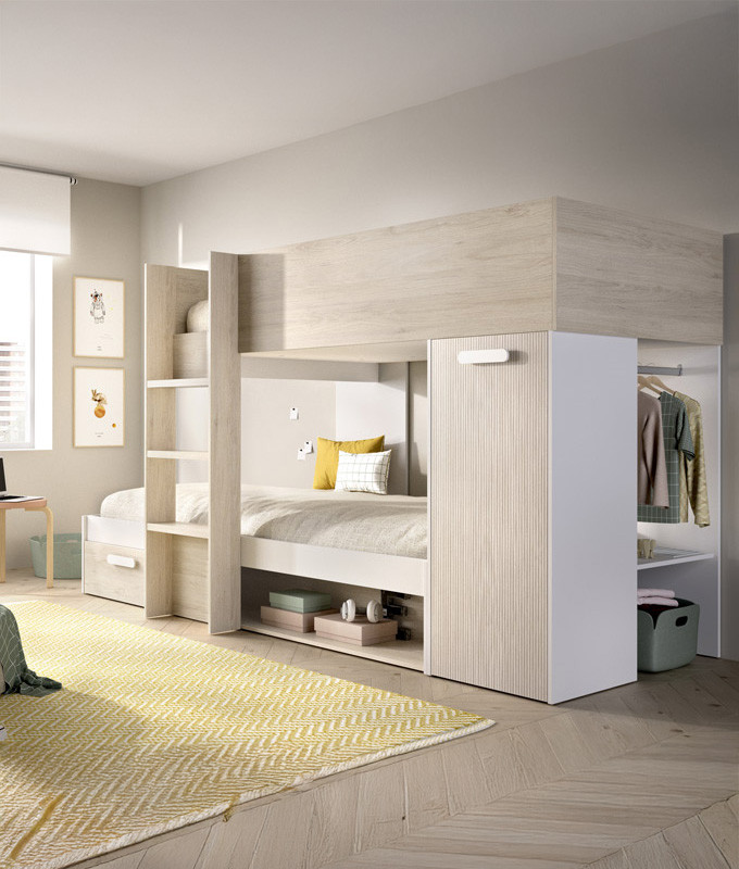 Litera juvenil con armario, contenedor y huecos de almacenaje Ref YK33
