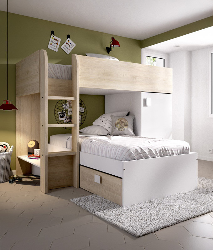 Dormitorio Juvenil con 2 camas, contenedores y armario Ref YK06