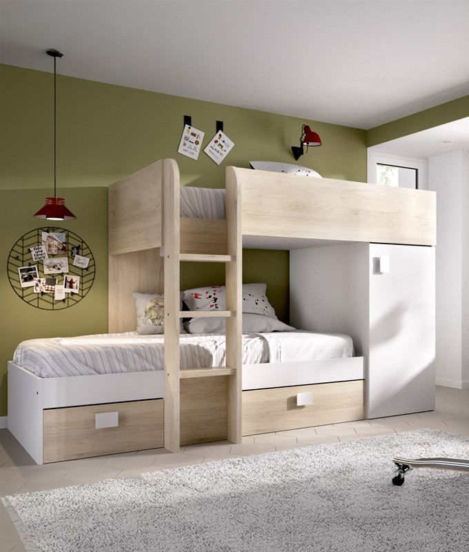 Dormitorio Juvenil litera tren con contenedores y armario Ref YK05