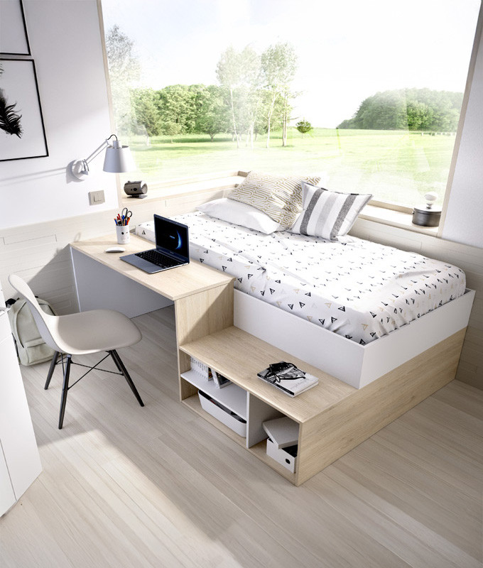 Cama Juvenil con escritorio y huecos de almacenaje Ref YK30