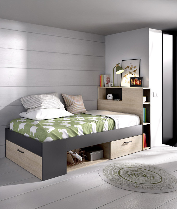 Dormitorio Juvenil con cama compacta con huecos de almacenaje Ref YK22