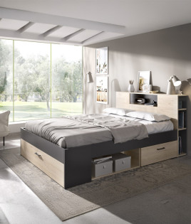 Dormitorio con cama de matrimonio, cabecero y huecos de almacenaje Ref YK39