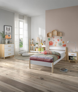 Dormitorio Juvenil fabricado en madera de pino con cama, mesita, cómoda y estanterías Ref TA04