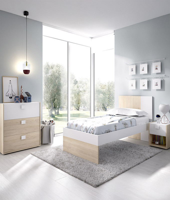 Dormitorio Juvenil con cama compacta, cómoda y mesita Ref YK24