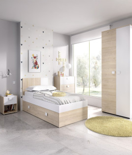 Dormitorio Juvenil con cama compacta, armario, cómoda y mesita Ref YK23