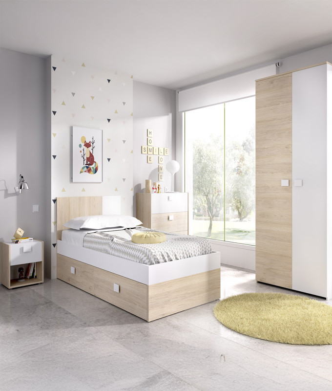 Dormitorio Juvenil con cama compacta, armario, cómoda y mesita Ref YK23