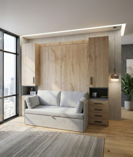 Dormitorio con cama abatible vertical con sofá y armarios a ambos laterales Ref Z24-59