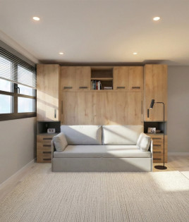 Dormitorio con cama abatible horizontal con sofá, armarios y altillo Ref Z24-60