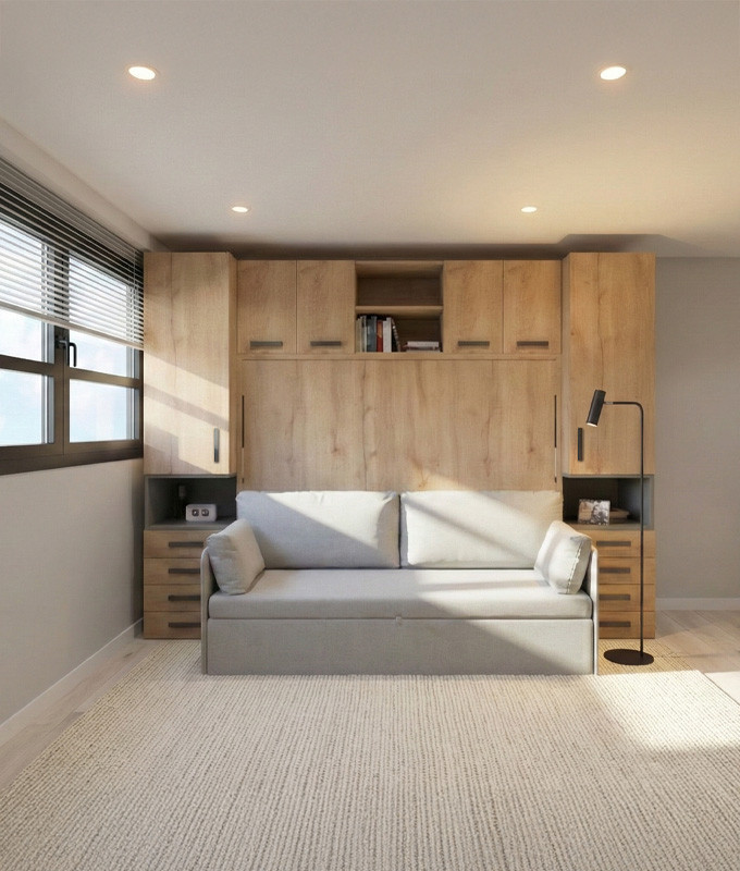 Dormitorio con cama abatible horizontal con sofá, armarios y altillo Ref Z24-60