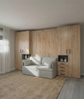 Dormitorio con cama abatible vertical con sofá y armarios a ambos laterales Ref Z24-61