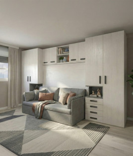 Dormitorio con cama abatible horizontal con sofá, armarios y altillo Ref Z24-63