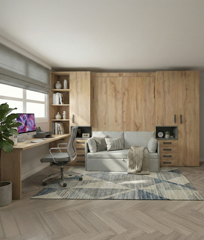 Dormitorio con cama abatible vertical con sofá, armarios y escritorio Ref Z24-62