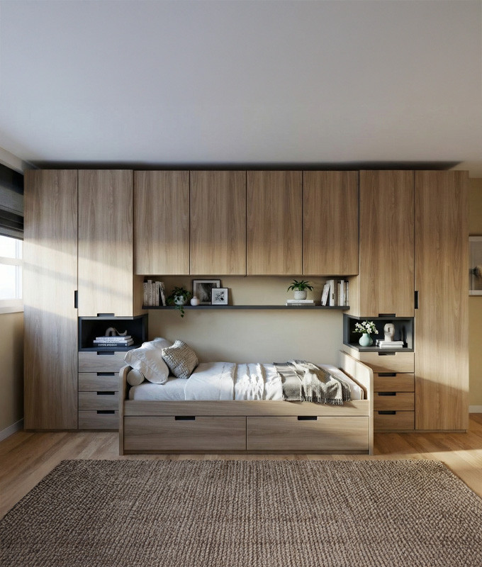 Dormitorio puente con cama nido y armarios laterales Ref YC519