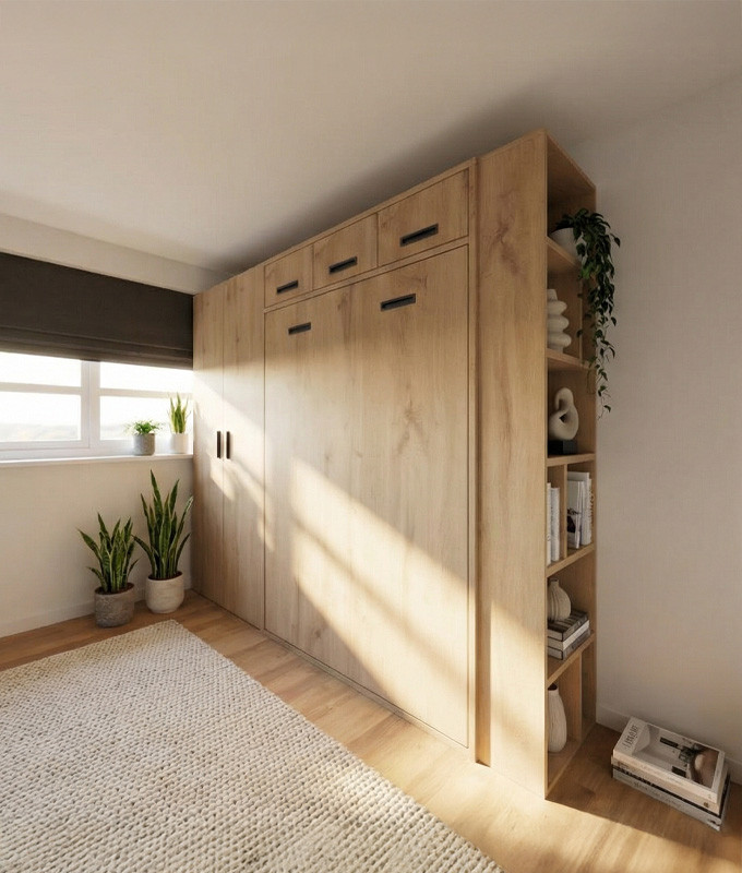 Dormitorio con cama abatible vertical con altillo, armario y estantería terminal Ref Z24-58