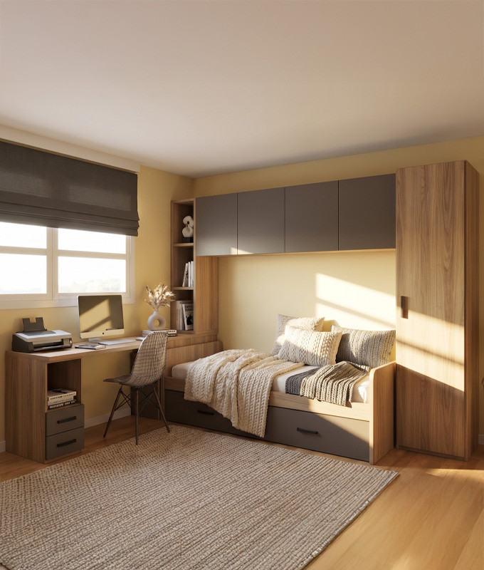 Dormitorio puente con cama nido, armario y escritorio Ref YC528