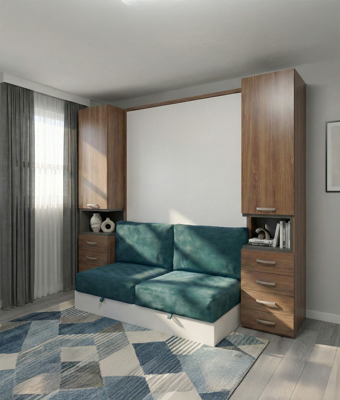 Dormitorio con cama abatible matrimonial, armarios y Sofá Ref N22