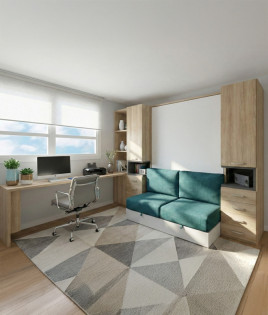 Dormitorio con cama abatible matrimonial, armarios, estantería, escritorio y Sofá Ref N23