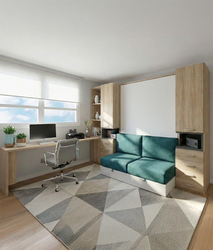 Dormitorio con cama abatible matrimonial, armarios, estantería, escritorio y Sofá Ref N23