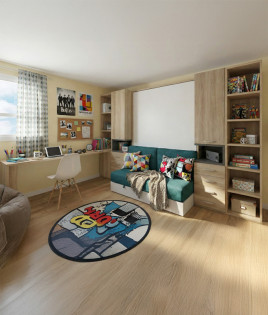 Dormitorio con cama abatible matrimonial, armarios, estanterías, escritorio y Sofá Ref N24