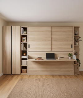 Dormitorio con cama abatible con escritorio, armario, estantería y zapatero Ref YC534