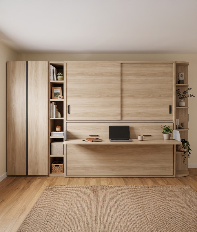Dormitorio con cama abatible con escritorio, armario, estantería y zapatero Ref YC534