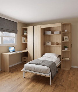 Dormitorio con cama abatible, armario, estantería, escritorio y zapatero Ref YC536