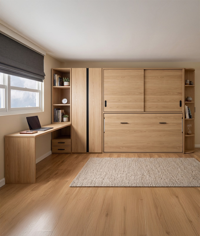 Dormitorio con cama abatible, escritorio, armario, estantería y zapatero Ref YC537