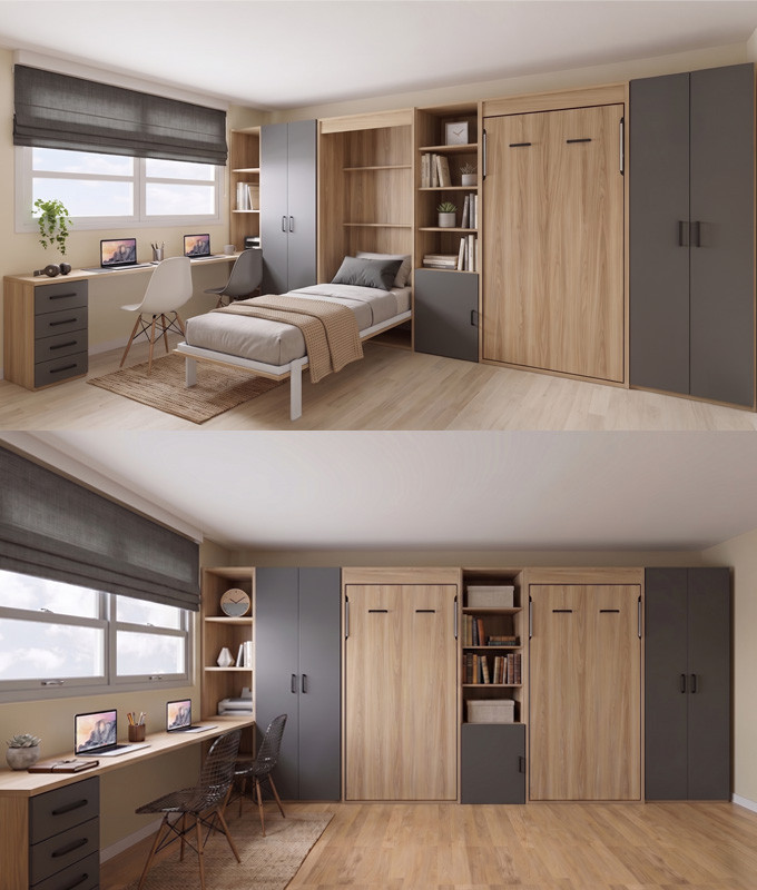 Dormitorio con camas abatibles, armarios, estanterías y escritorio Ref YC540