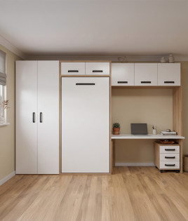 Dormitorio con cama abatible vertical con altillo, puente, armario y escritorio Ref Z24-29