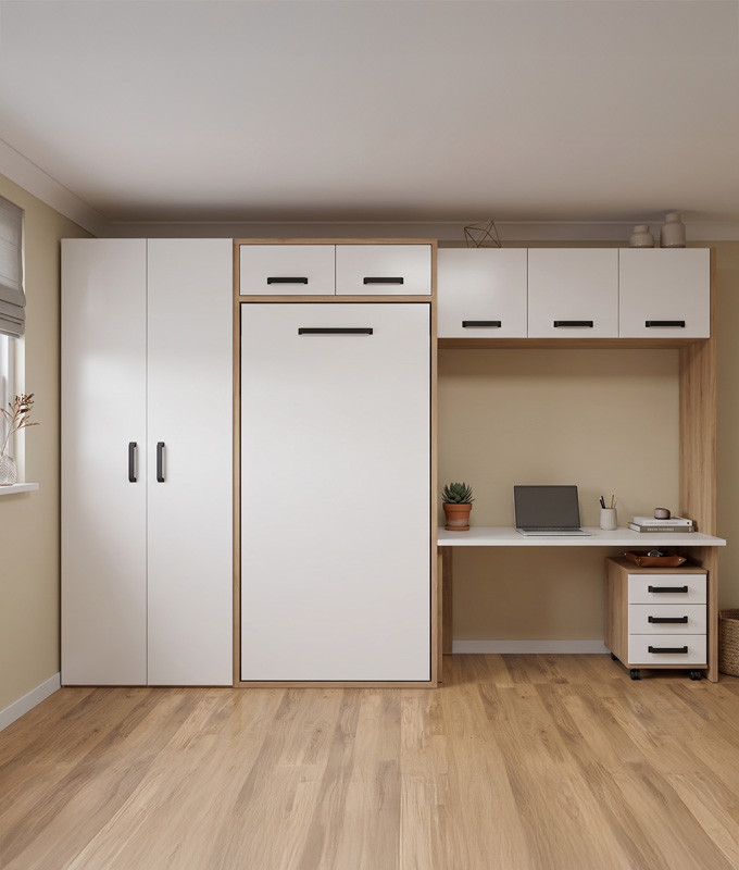 Dormitorio con cama abatible vertical con altillo, puente, armario y escritorio Ref Z24-29