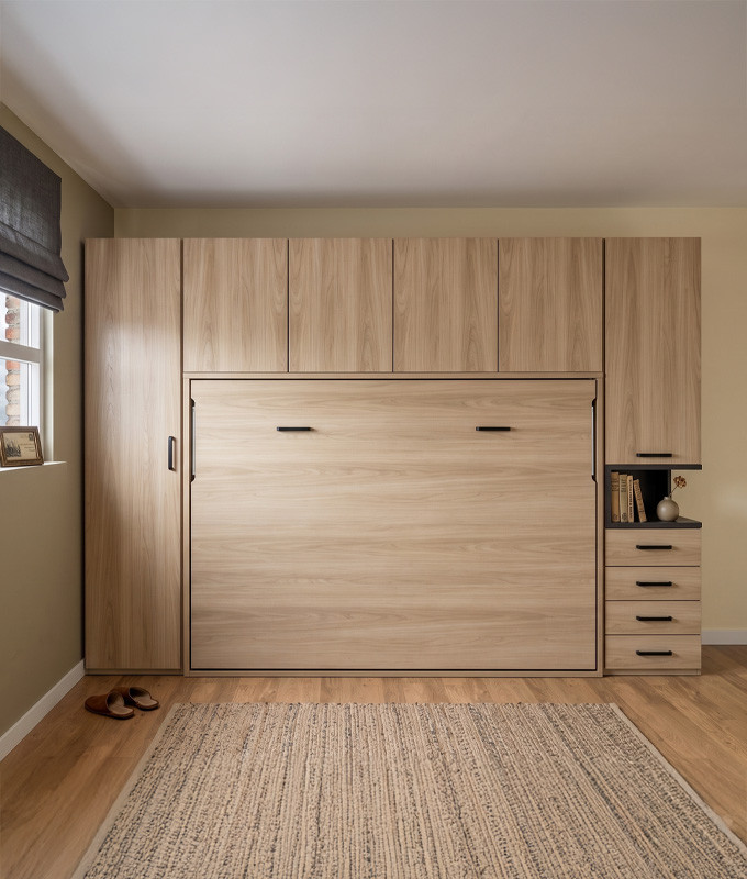 Dormitorio cama matrimonial abatible con altillo y armarios laterales Ref YC413
