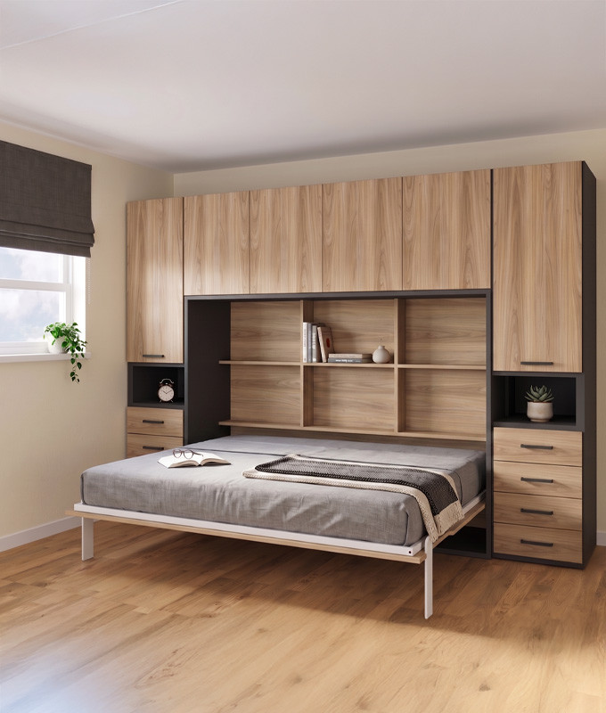 Dormitorio con cama abatible matrimonial, armarios y altillo Ref YC541