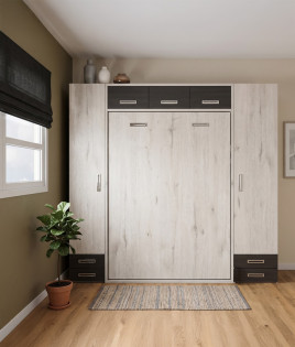 Dormitorio con cama abatible vertical matrimonial con altillo y armarios a ambos lados Ref Z24-36