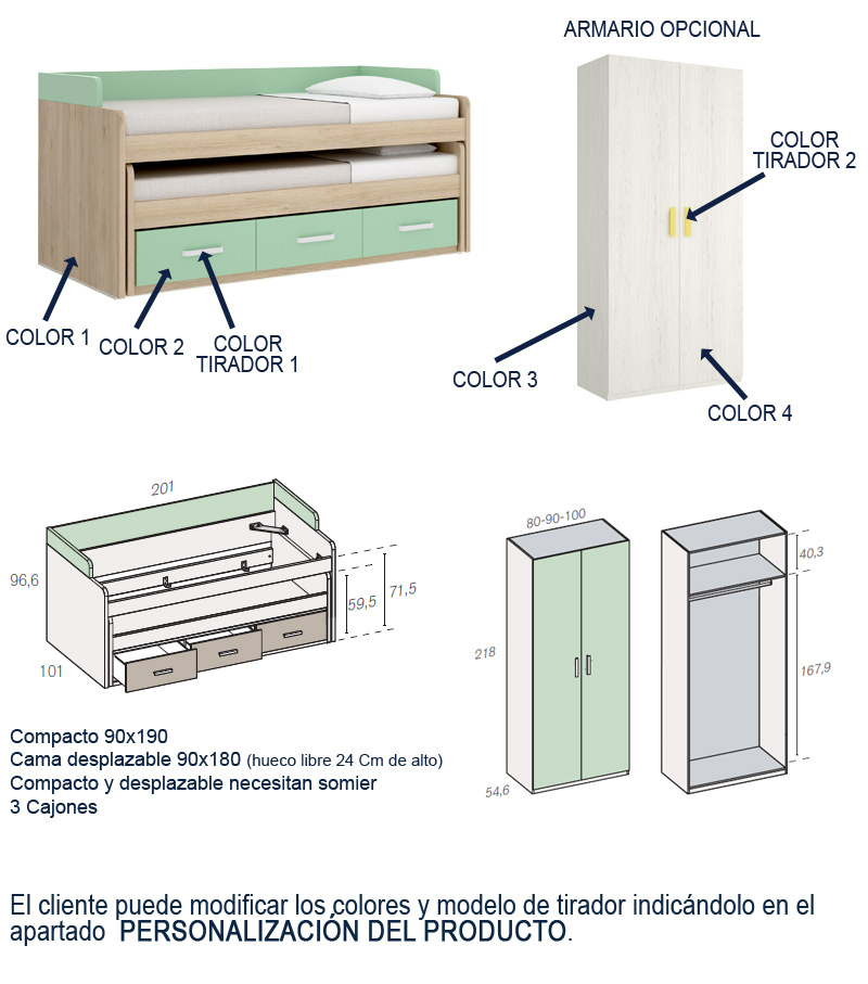 Compacto desplazable con cajones y opción de Armario 2 puertas a juego