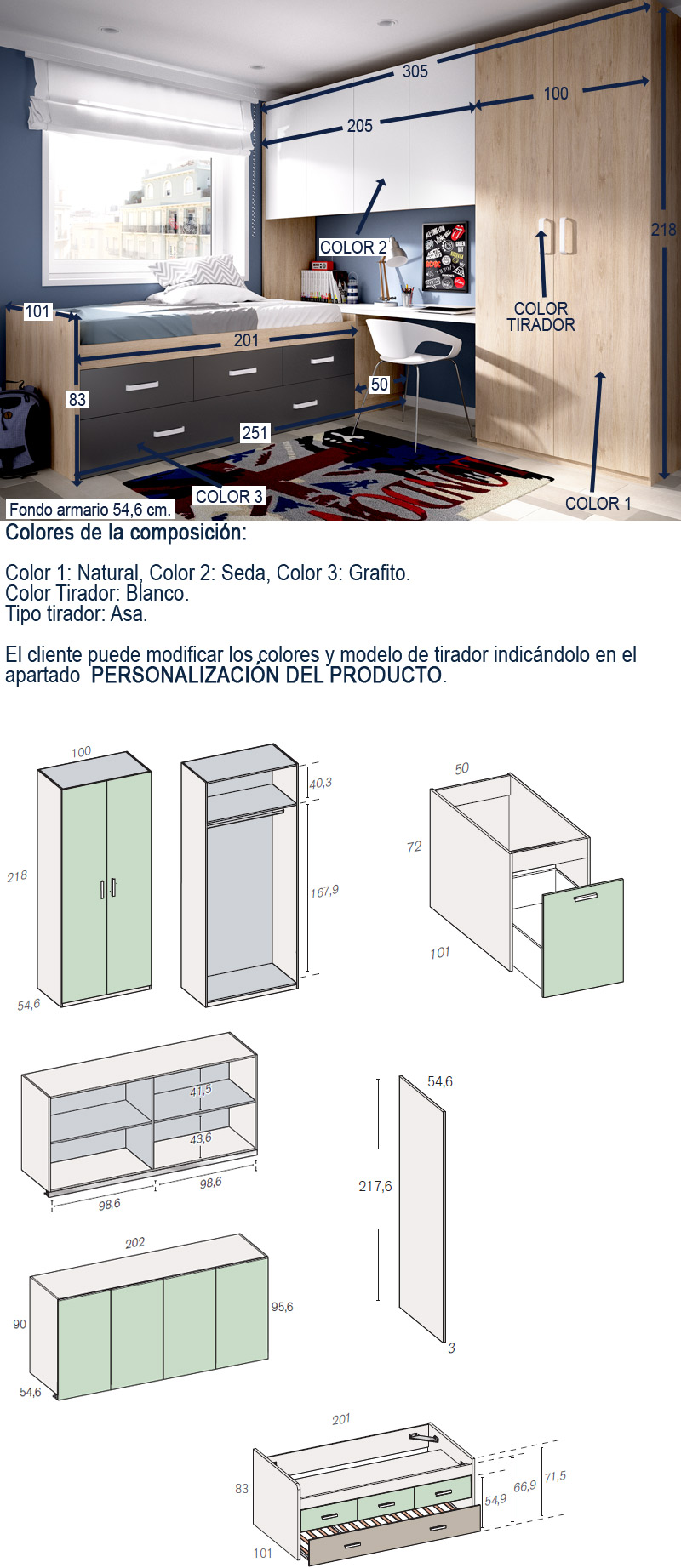 Dormitorio Juvenil con cama nido, puente, armario, escritorio y arcón