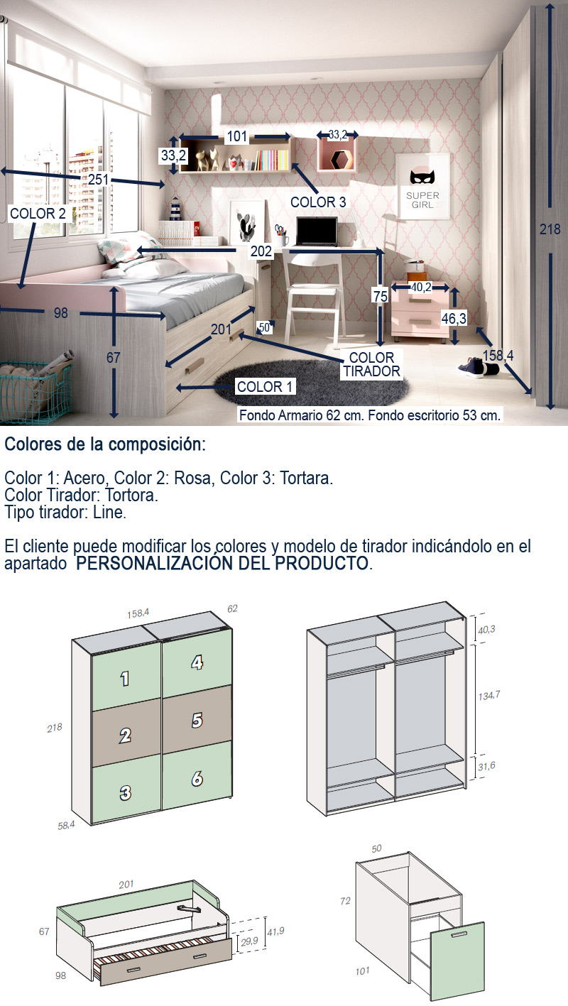 Dormitorio Juvenil con cama nido, escritorio y armario con puertas